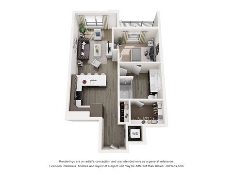 Floor plan for 1 bed, 1 bath, 702 sqft